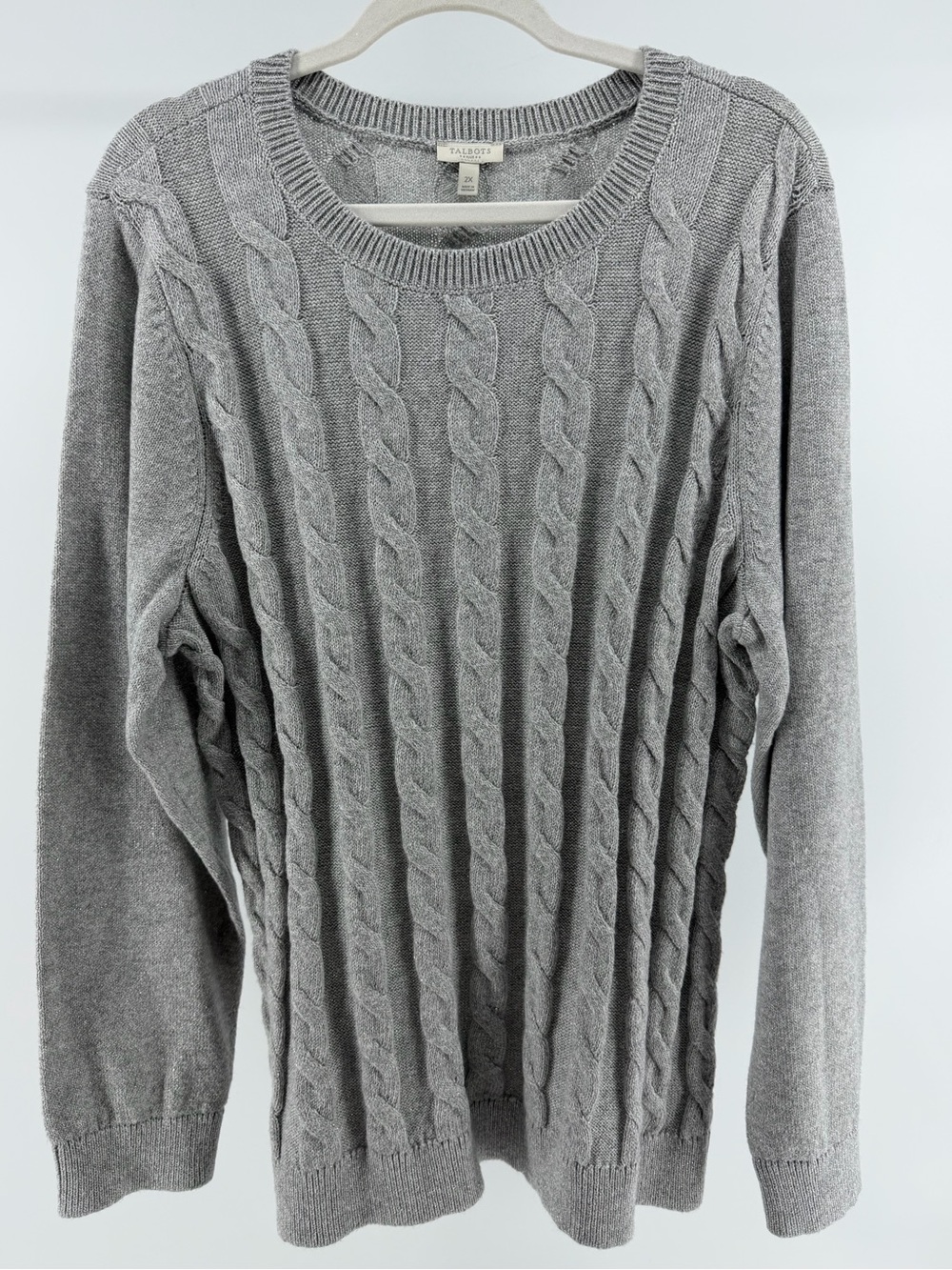 Talbots Gray Metallic Cable-Knit Crewneck Cotton Blend Sweater, Women's 2X